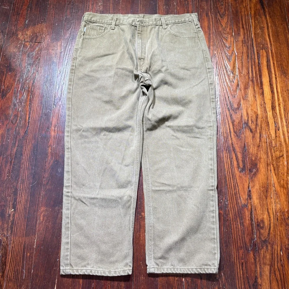 Vintage Carhartt Jeans Mens 42x30 Green Straight Leather Patch 90s‎ B161 BRK